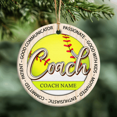 Personalized softball coach Christmas ornament with custom name and team, appreciation gift from players.