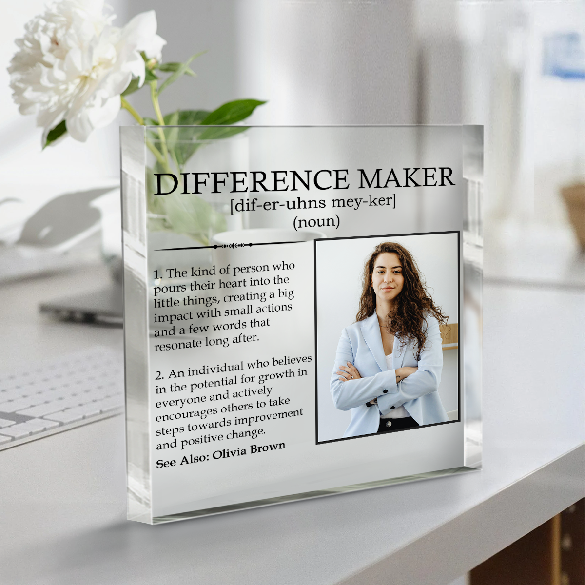 WELLBANEE Difference Maker Definition Gift – Square Wood Decor For Coworker, White, Funny Inspirational Office Gift