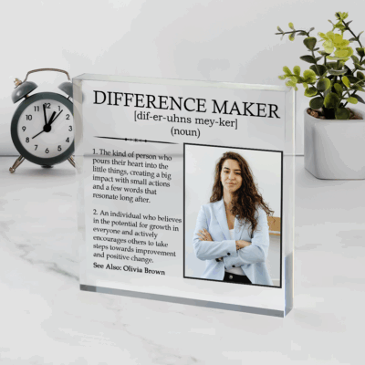 Personalized Difference Maker Definition Plaque with photo and name, appreciation or retirement gift, modern desk décor.