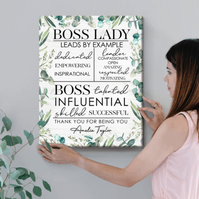 Personalized Boss Lady Wall Art, motivational gift for female boss, custom appreciation canvas for office or workspace.