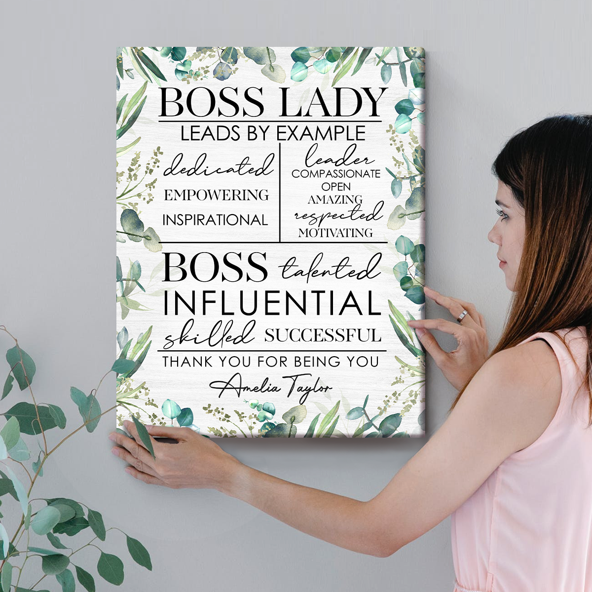 Personalized Boss Lady Wall Art, motivational gift for female boss, custom appreciation canvas for office or workspace.