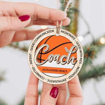 Personalized Basketball Coach Ornament – custom Christmas gift with coach name. Perfect thank-you keepsake for basketball coaches from team.