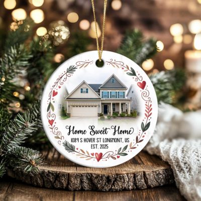Custom Our First Home Ornament - Christmas First Home Gift featuring a custom house photo, address, and year with the quote Home Sweet Home or Our first home, surrounded by a festive leaf and heart border - perfect Christmas or housewarming gift.