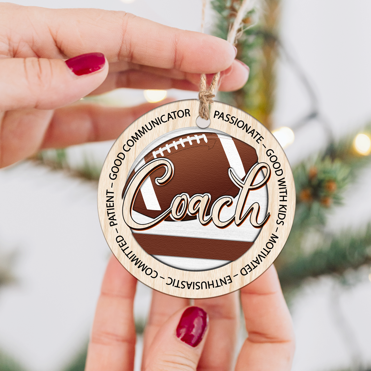 Personalized football coach Christmas ornament with custom name, perfect appreciation gift from team.
