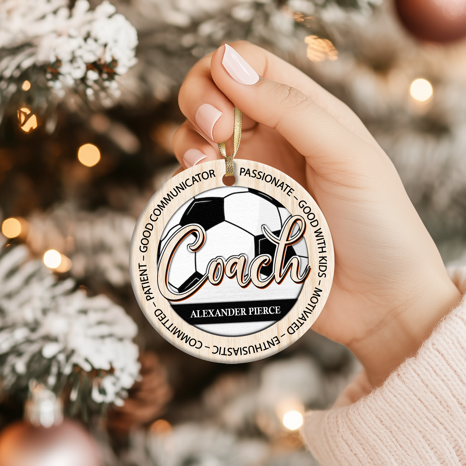 Personalized soccer coach Christmas ornament with custom name, unique appreciation gift from team.