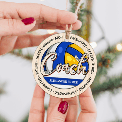 Personalized volleyball coach Christmas ornament with custom name and team, appreciation gift from players.
