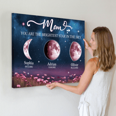 Personalized moon phase on canvas with kids’ names and birth dates, sentimental gift for Mom.