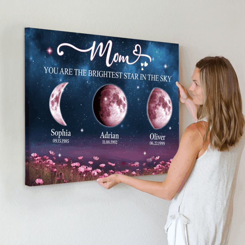Personalized moon phase on canvas with kids’ names and birth dates, sentimental gift for Mom.
