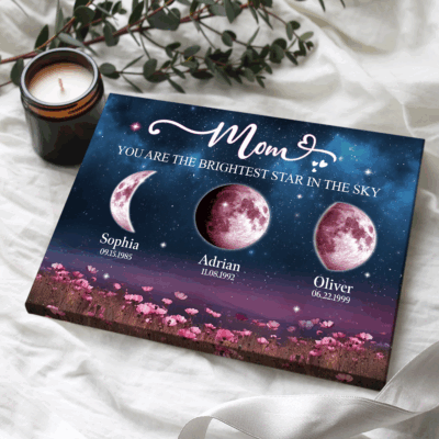Personalized moon phase on canvas with kids’ names and birth dates, sentimental gift for Mom.