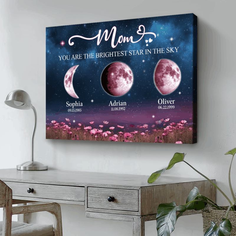 Personalized moon phase on canvas with kids’ names and birth dates, sentimental gift for Mom.
