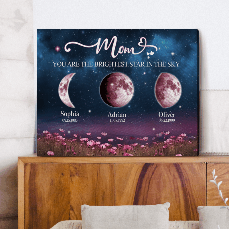 Personalized moon phase on canvas with kids’ names and birth dates, sentimental gift for Mom.
