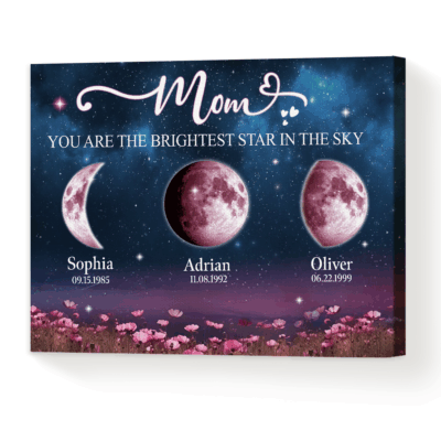 Personalized moon phase on canvas with kids’ names and birth dates, sentimental gift for Mom.