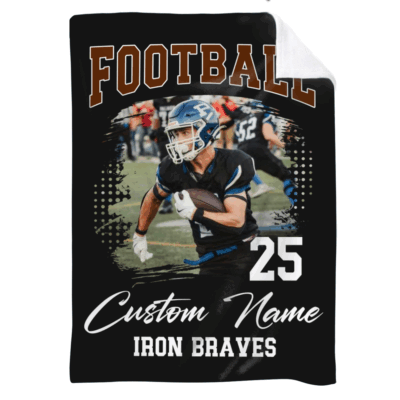 Custom Football Photo Blanket - Sports Gift for Boy featuring a player running with the ball, personalized with custom name, number, and team name – perfect personalized sports gift for boys or football end-of-season keepsake.