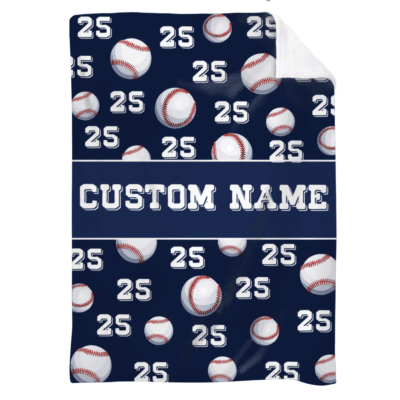 Baseball Blanket with Name - Personalized Sports Gift with custom name and number, featuring baseball patterns on a navy blue background - unique sports gift for baseball players or fans.