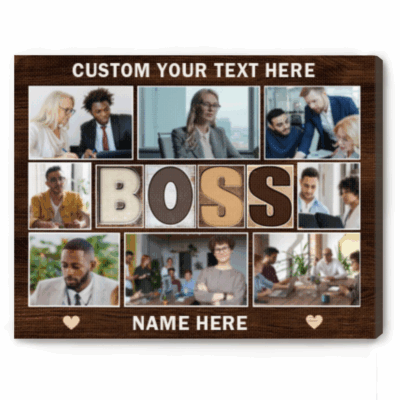 Custom Boss Photo Collage Canvas with team pictures, personalized with name and message, perfect appreciation or retirement gift for boss.