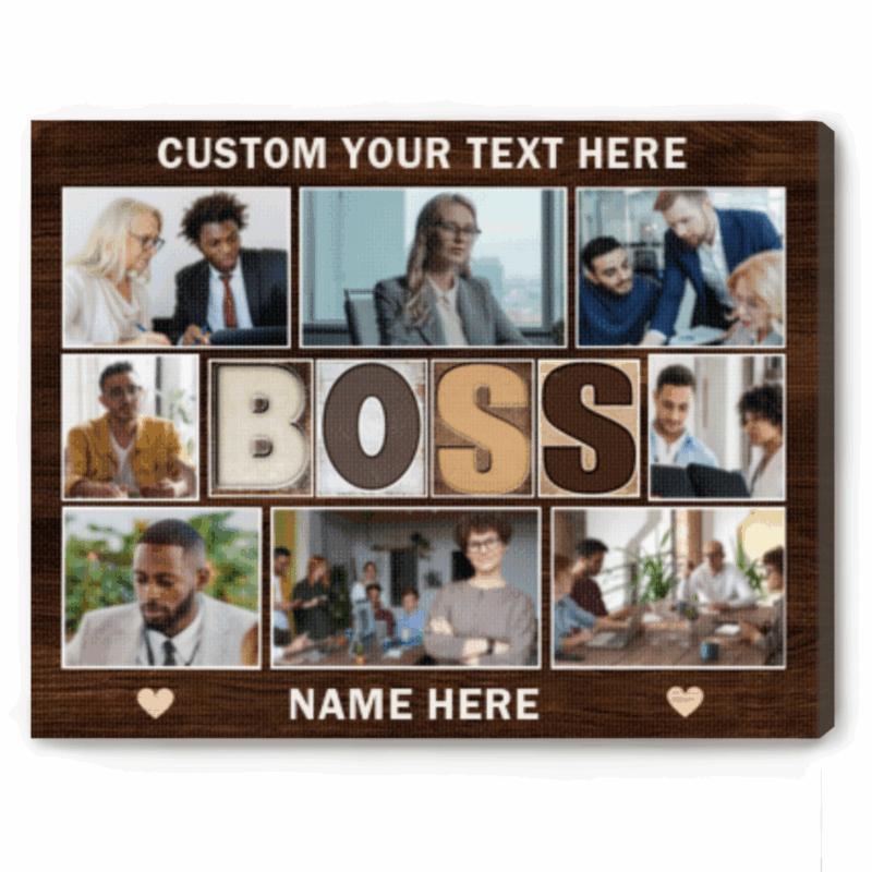 Custom Boss Photo Collage Canvas with team pictures, personalized with name and message, perfect appreciation or retirement gift for boss.