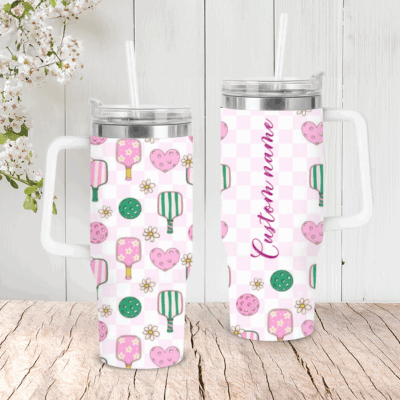 Pickleball Theme Tumbler - Personalized Pickleball Lover Gift with custom name, pink and green pickleball paddle and heart pattern on pastel checkered background — cute and fun gift for pickleball lovers.