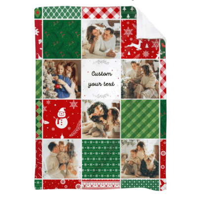 Personalized Christmas Photo Blanket featuring family pictures and text, a warm and sentimental holiday gift for parents or loved ones.