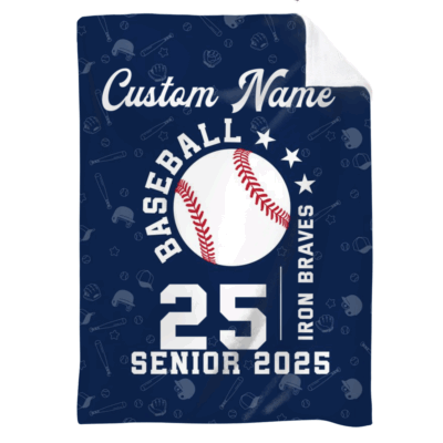 Personalized Senior Baseball Blanket - Gift for Baseball Player with custom name, number, team name, and class year; design featuring large baseball graphic - perfect gift for baseball player or graduating senior.