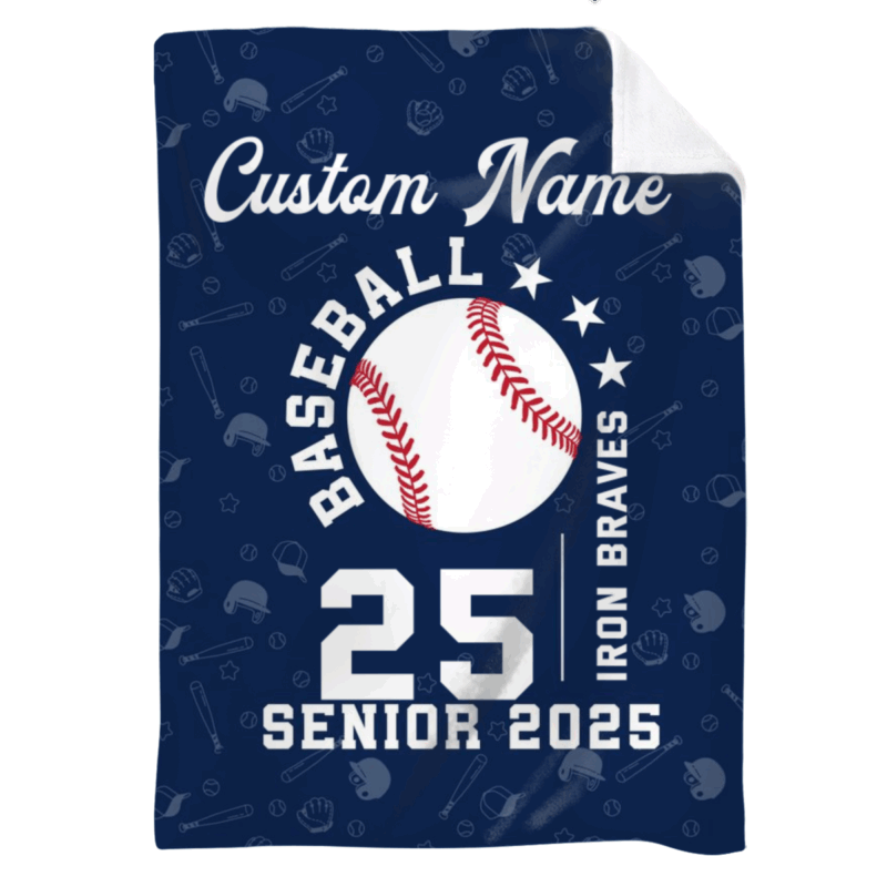 Personalized Senior Baseball Blanket - Gift for Baseball Player with custom name, number, team name, and class year; design featuring large baseball graphic - perfect gift for baseball player or graduating senior.