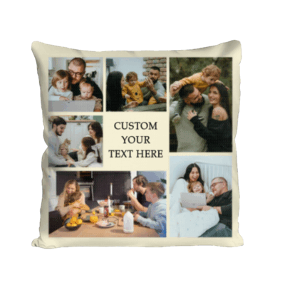 Personalized photo collage pillow featuring custom pictures and text, a sentimental family memory cushion, perfect personalized home décor or gift for loved ones.
