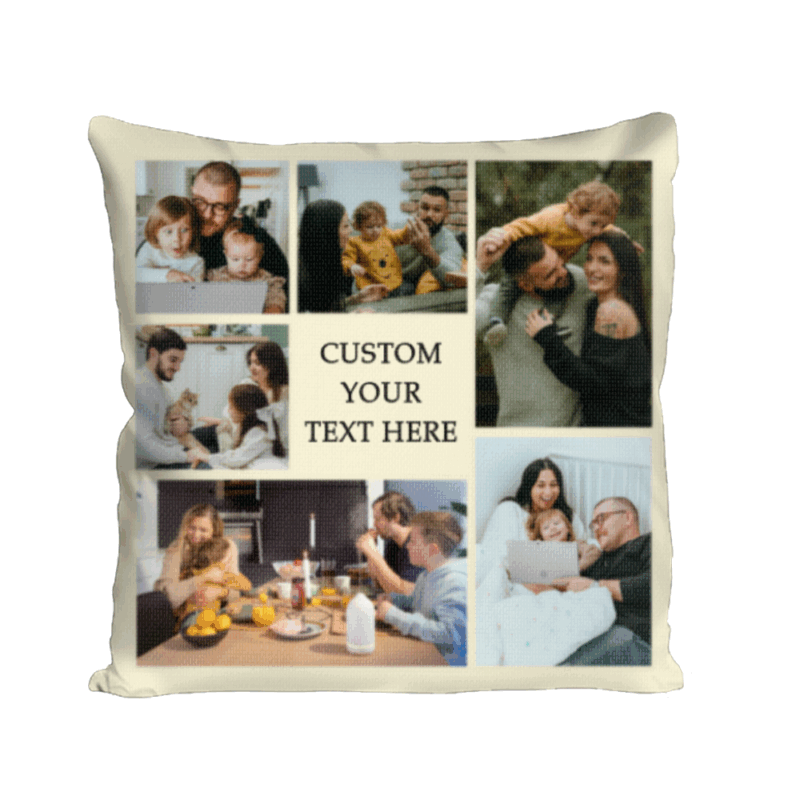 Personalized photo collage pillow featuring custom pictures and text, a sentimental family memory cushion, perfect personalized home décor or gift for loved ones.