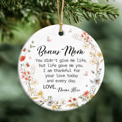 Personalized Bonus Mom Christmas Ornament with custom name and message, heartfelt stepmom keepsake gift from daughter or son for holiday decoration.