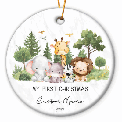 Safari Animal Baby Christmas Ornament - Baby First Christmas Gift with cute safari animals and custom baby name and year - adorable keepsake for baby’s first Christmas.