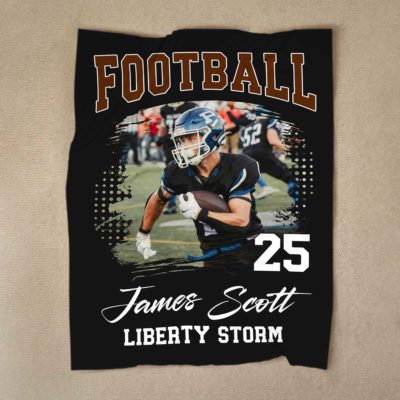 Custom Football Photo Blanket - Sports Gift for Boy featuring a player running with the ball, personalized with custom name, number, and team name – perfect personalized sports gift for boys or football end-of-season keepsake.