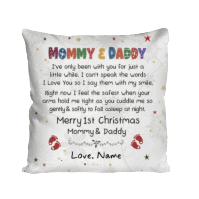 Personalized 1st Christmas Mommy Daddy Pillow featuring family name and festive design, perfect keepsake gift for new parents.