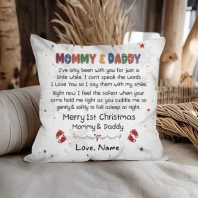 Personalized 1st Christmas Mommy Daddy Pillow featuring family name and festive design, perfect keepsake gift for new parents.