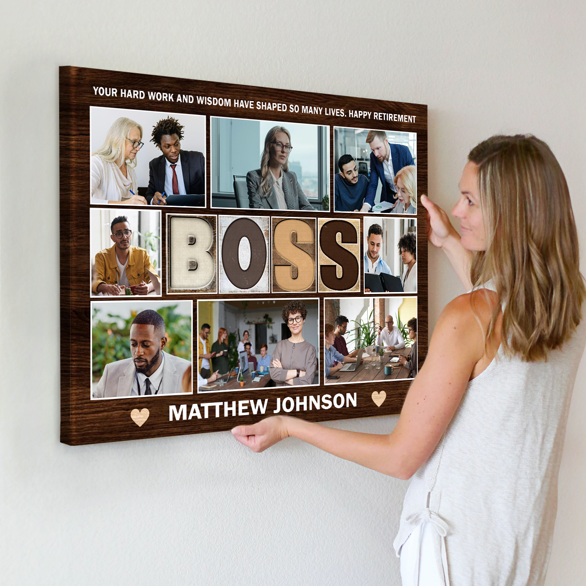 Custom Boss Photo Collage Canvas with team pictures, personalized with name and message, perfect appreciation or retirement gift for boss.