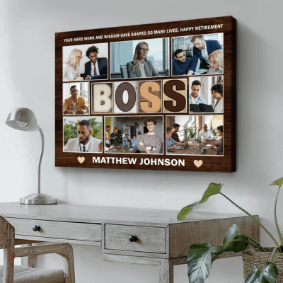 Custom Boss Photo Collage Canvas with team pictures, personalized with name and message, perfect appreciation or retirement gift for boss.