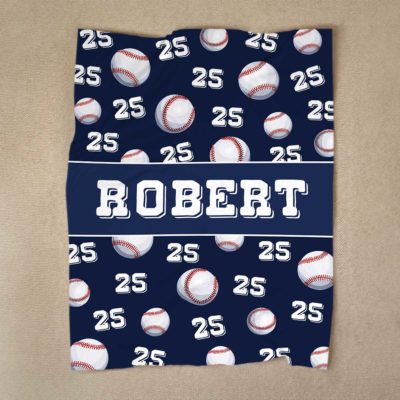 Baseball Blanket with Name - Personalized Sports Gift with custom name and number, featuring baseball patterns on a navy blue background - unique sports gift for baseball players or fans.