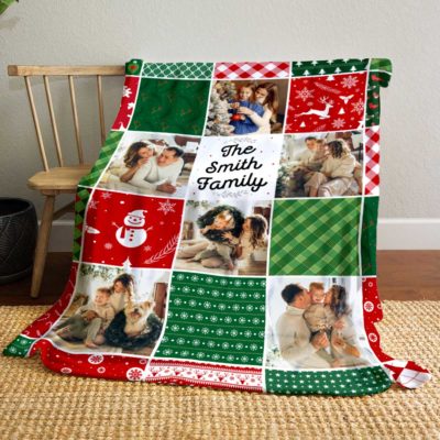 Personalized Christmas Photo Blanket featuring family pictures and text, a warm and sentimental holiday gift for parents or loved ones.