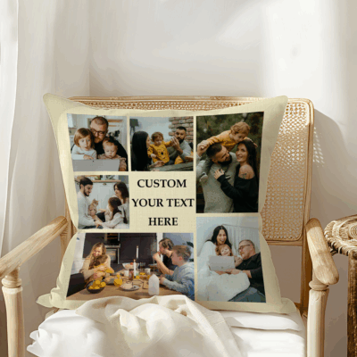 Personalized photo collage pillow featuring custom pictures and text, a sentimental family memory cushion, perfect personalized home décor or gift for loved ones.