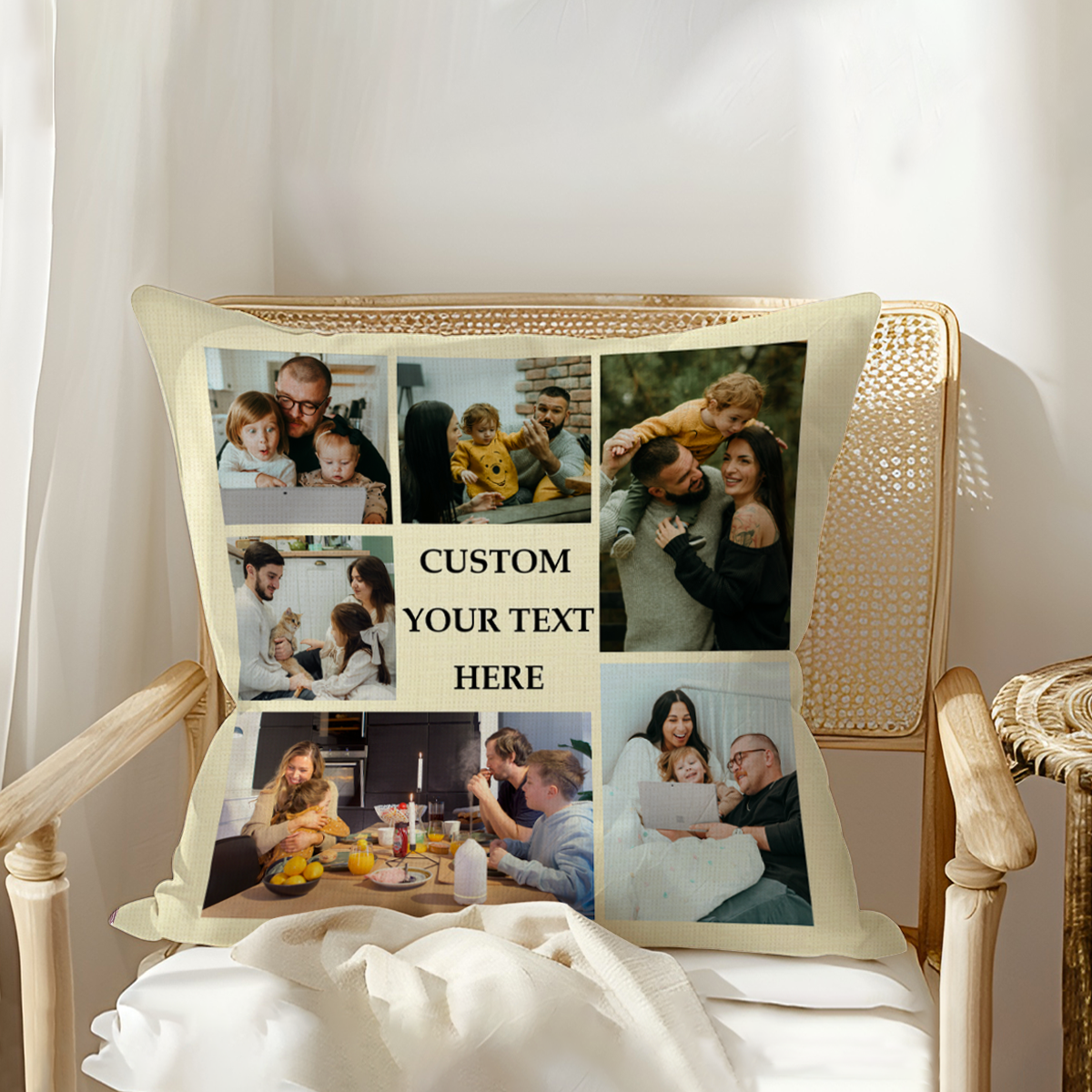 Personalized photo collage pillow featuring custom pictures and text, a sentimental family memory cushion, perfect personalized home décor or gift for loved ones.
