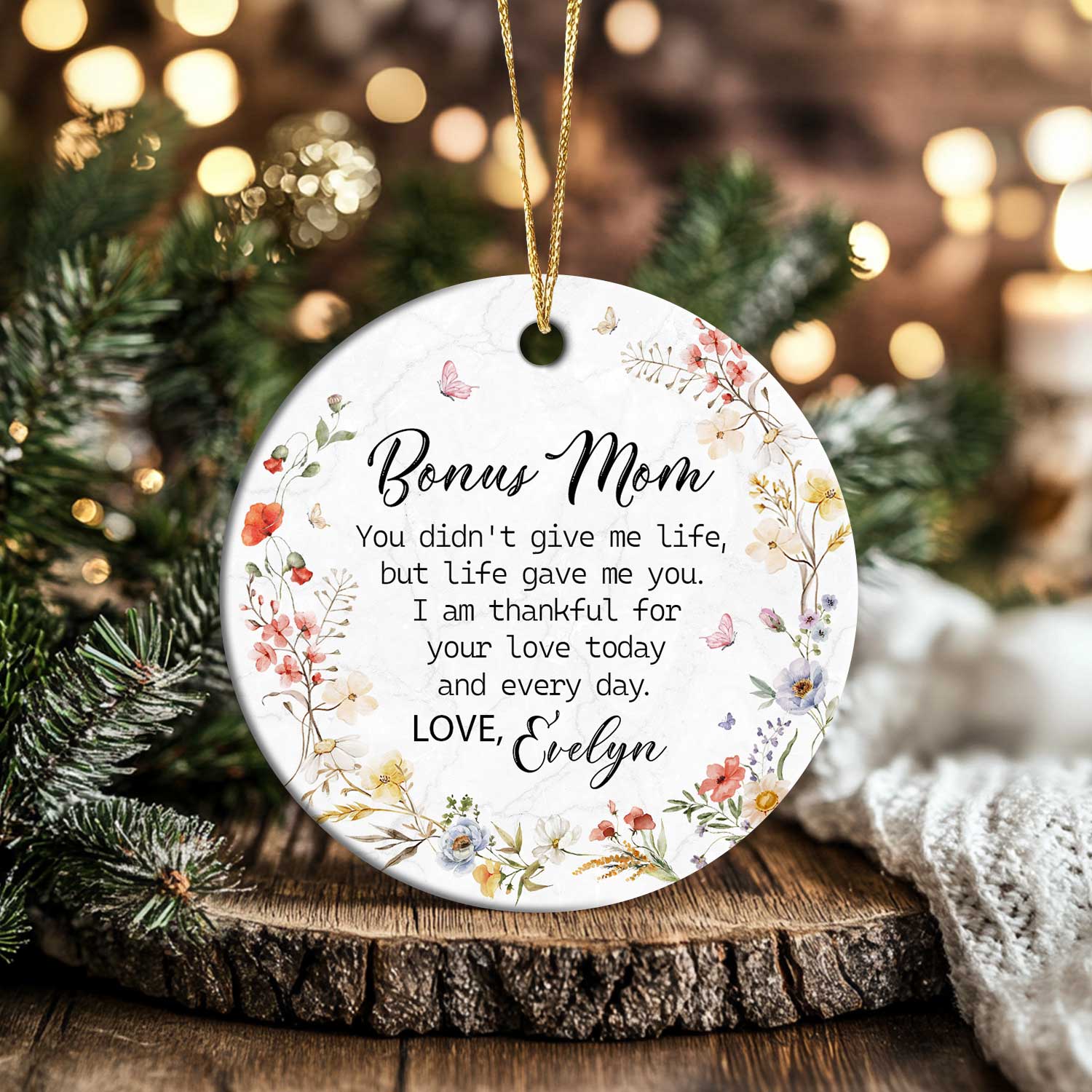 Personalized Bonus Mom Christmas Ornament with custom name and message, heartfelt stepmom keepsake gift from daughter or son for holiday decoration.