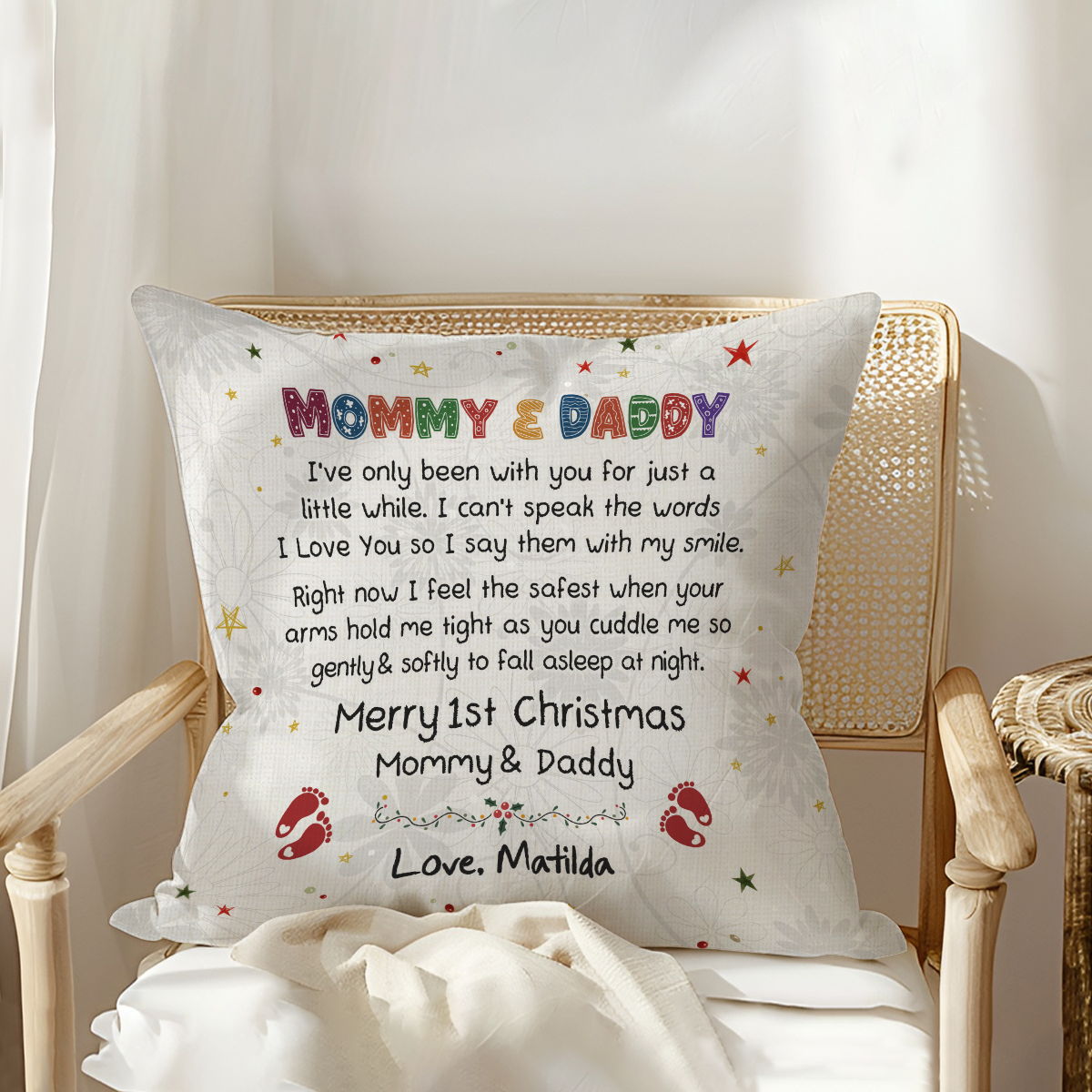 Personalized 1st Christmas Mommy Daddy Pillow featuring family name and festive design, perfect keepsake gift for new parents.