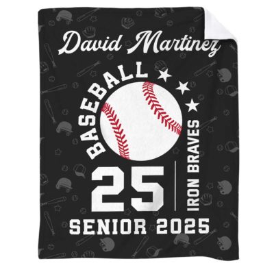 Personalized Senior Baseball Blanket - Gift for Baseball Player with custom name, number, team name, and class year; design featuring large baseball graphic - perfect gift for baseball player or graduating senior.