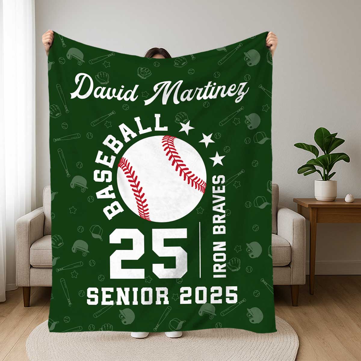 Personalized Senior Baseball Blanket - Gift for Baseball Player with custom name, number, team name, and class year; design featuring large baseball graphic - perfect gift for baseball player or graduating senior.
