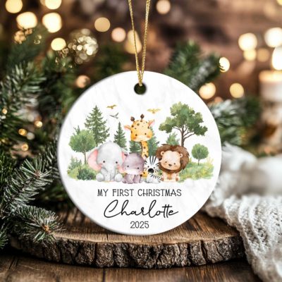 Safari Animal Baby Christmas Ornament - Baby First Christmas Gift with cute safari animals and custom baby name and year - adorable keepsake for baby’s first Christmas.