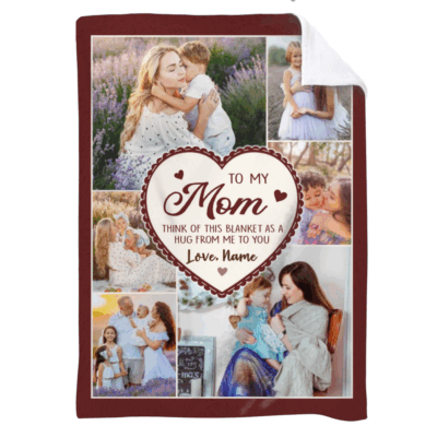 Custom personalized photo blanket for Mom with collage of family pictures and heartfelt text, perfect Christmas gift from daughter or son.