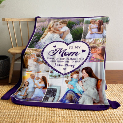 Custom personalized photo blanket for Mom with collage of family pictures and heartfelt text, perfect Christmas gift from daughter or son.