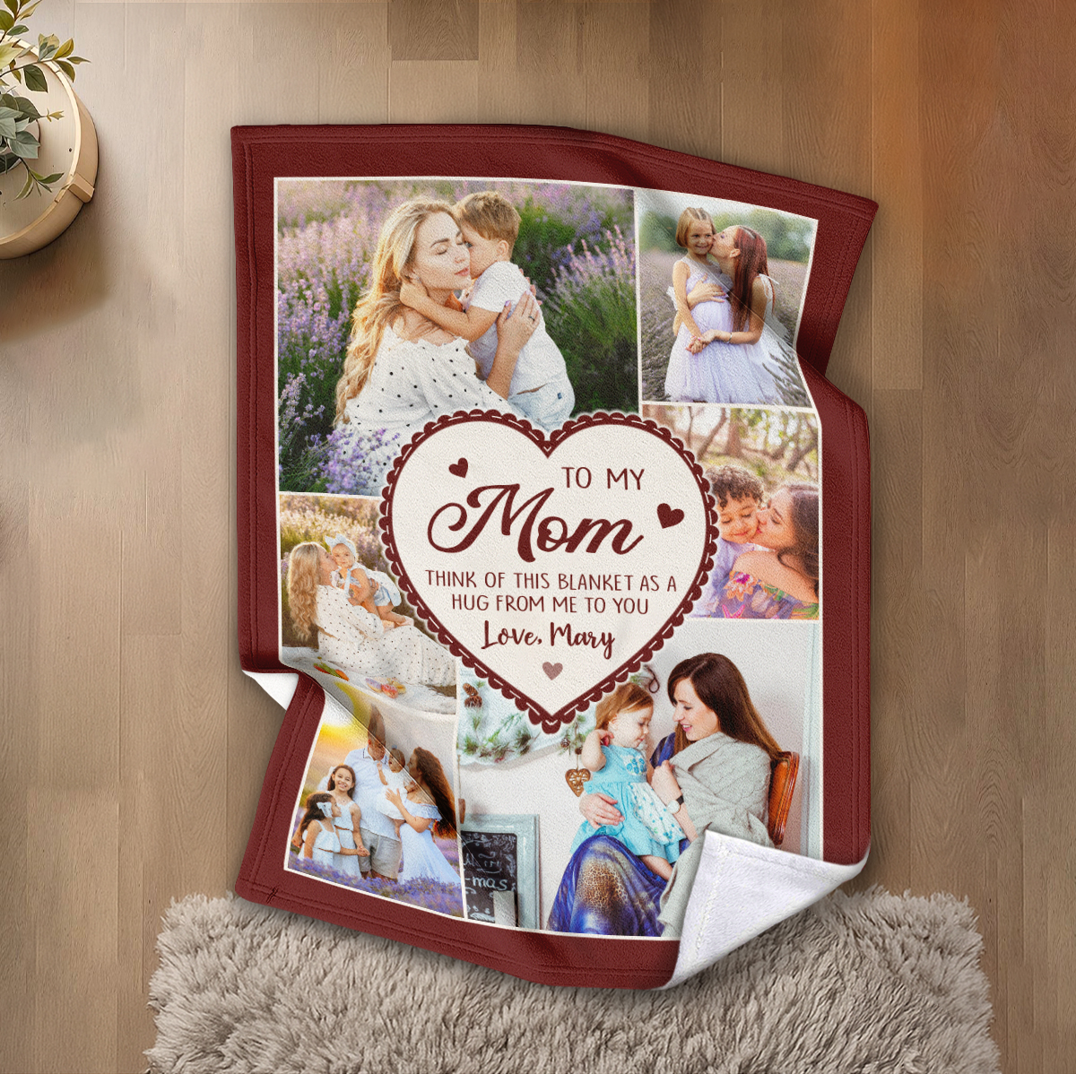 Custom personalized photo blanket for Mom with collage of family pictures and heartfelt text, perfect Christmas gift from daughter or son.