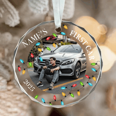 Personalized first car ornament with photo and name, custom glass ornament keepsake for new driver or car owner.