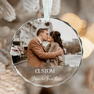 Custom photo glass Christmas ornament with picture, names, and year 2025 — a meaningful keepsake gift for family or couples.