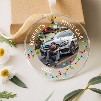 Personalized first car ornament with photo and name, custom glass ornament keepsake for new driver or car owner.