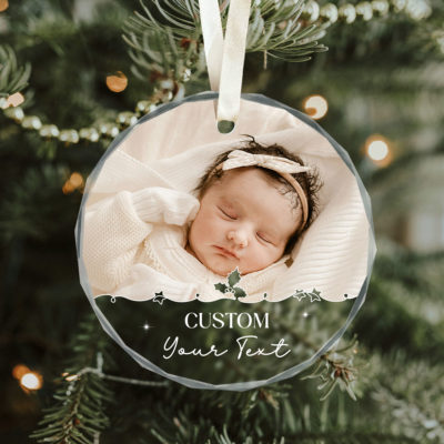 Custom photo glass Christmas ornament with picture, names, and year 2025 — a meaningful keepsake gift for family or couples.