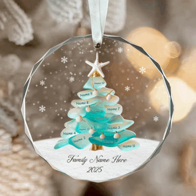 Personalized Sea Glass Family Tree Ornament featuring sea glass leaves and custom family name, coastal-style Christmas keepsake gift
